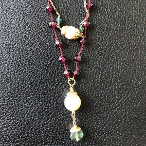 Sage Long Garnet, Pearl Long Multi Necklace -Gold Filled